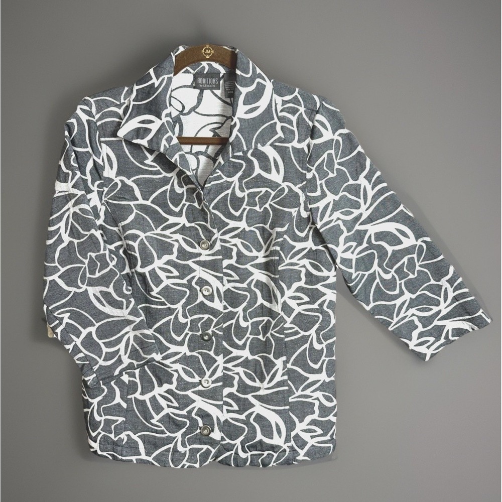 Additions By Chicos Gray White Floral Top Metallic Thread Button Open Front 3/4